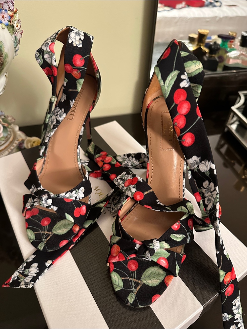 Aquazurra Black Cherry Floral Tie-Wrap Women's Heels